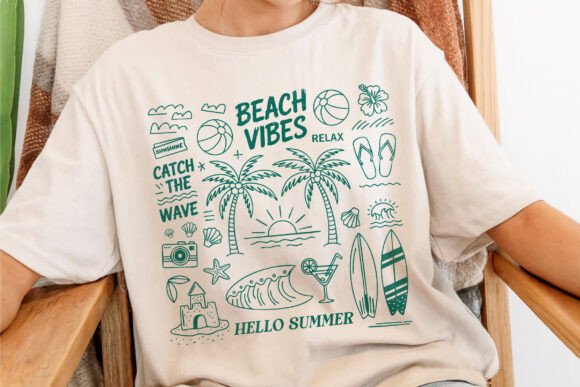 Capture Retro Summer Fun with Beach Vibes Doodles PNG